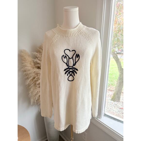 Talbots Embroidered Lobster Mock Neck Sweater Womens Medium Ivory Cream Preppy - Picture 2 of 8